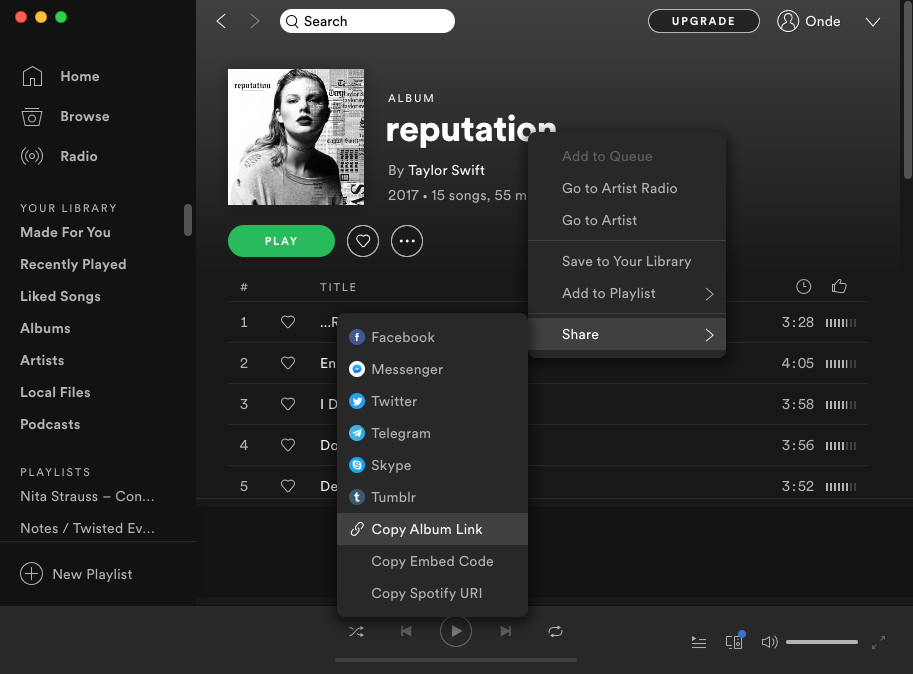 Copiar el enlace del álbum de Spotify